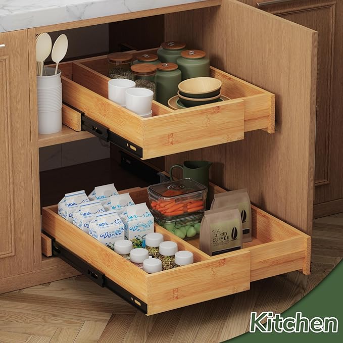 BAMEOS Expandable Pull-Out Cabinet Organizer – 14" to 20" Adjustable Width, Soft-Close Drawers for Kitchen, Pantry, Bathroom & Under Sink, 2-Pack Wooden Storage, 21" Depth, 66 lbs Capacity