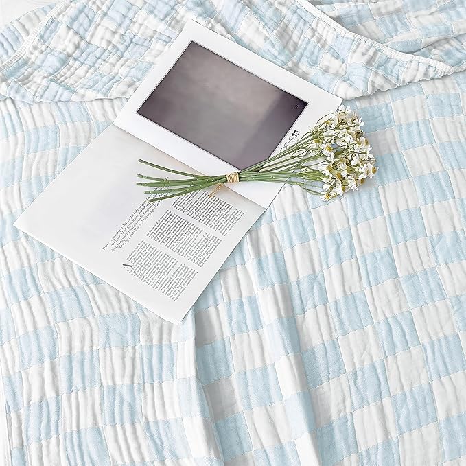 Ultra Soft Cozy 6-Layer Muslin 100% Cotton Checkered Throw Blanket Breathable Lightweight Checkboard Bed Blankets Decorative for Sofa Bed All Seasons Both Sides (Light Blue, King 90" 104")