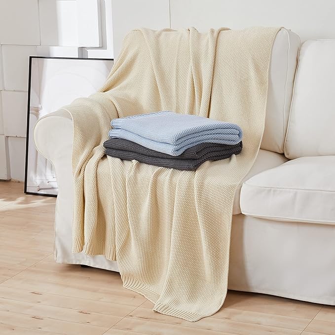 Longhui bedding Cotton Cable Knit Throw Blanket for Couch Sofa Bed, Home Decorative, Lightweight Woven Blankets with Bonus Laundering Bag, 50“ x 60”, Beige