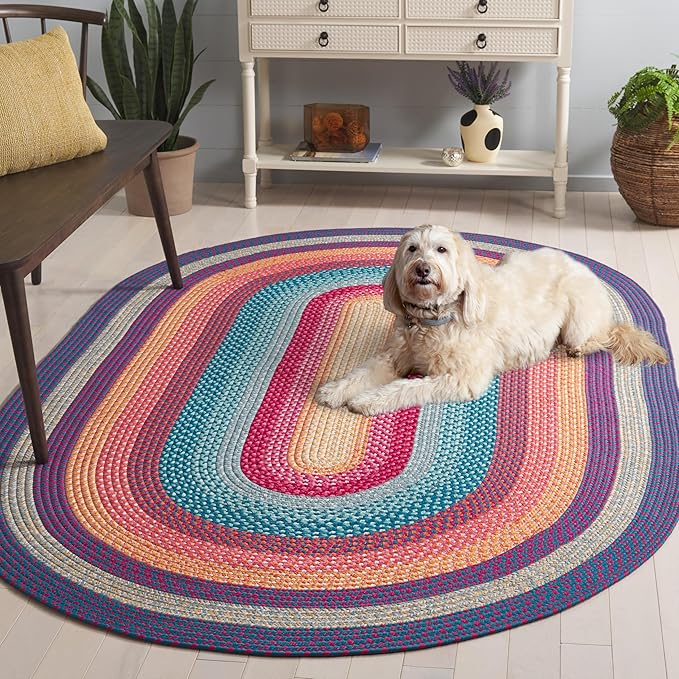SAFAVIEH Washable Rug Outdoor Braided Collection - 5' x 8' Oval, Red & Orange, Handmade & Reversible, Non-Shedding & Easy to Clean, Ideal for Patio, Backyard, Mudroom (BRD308Q)