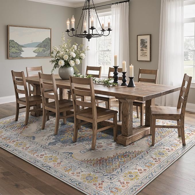 GENIMO 8x10 Area Rugs for Living Room, Machine Washable Non Slip Rugs, Low Pile Lightweight Print Rug for Bedroom, Dining Room, Home Office, Vintage Cream/Blue