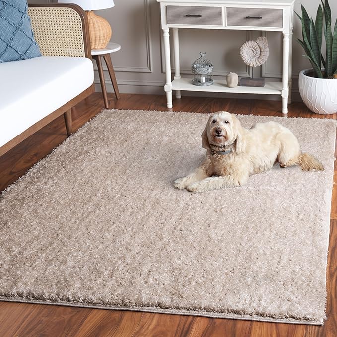 SAFAVIEH Lindsay Shag Collection Area Rug - 5'3" x 7'6", Beige, Contemporary Design, Ideal for High Traffic Areas in Living Room, Bedroom & Dining Room (LNS560B-5)