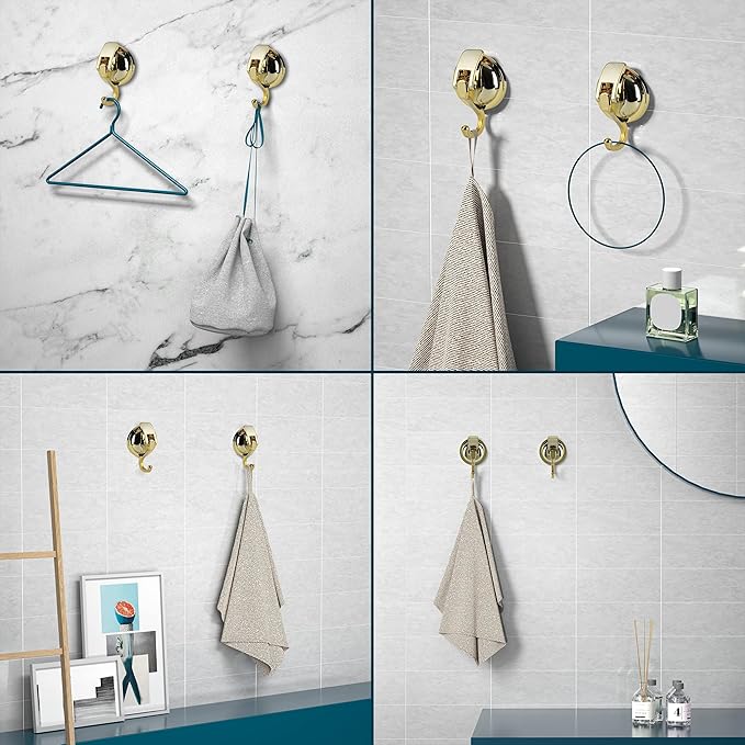 Heavy Duty Vacuum Suction Cup Hooks, Gold Plated Polished Super Suction for Kitchen Bathroom, 2 Pack