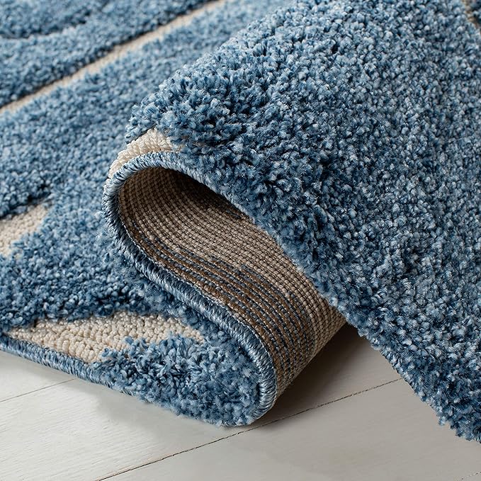 SAFAVIEH Florida Shag Collection Runner Rug - 2'3" x 19', Light Blue & Cream, Scroll Design, Non-Shedding & Easy to Clean, High-Low Plush Pile, Ideal for Bedroom, Foyer, Hallway (SG455-6011)