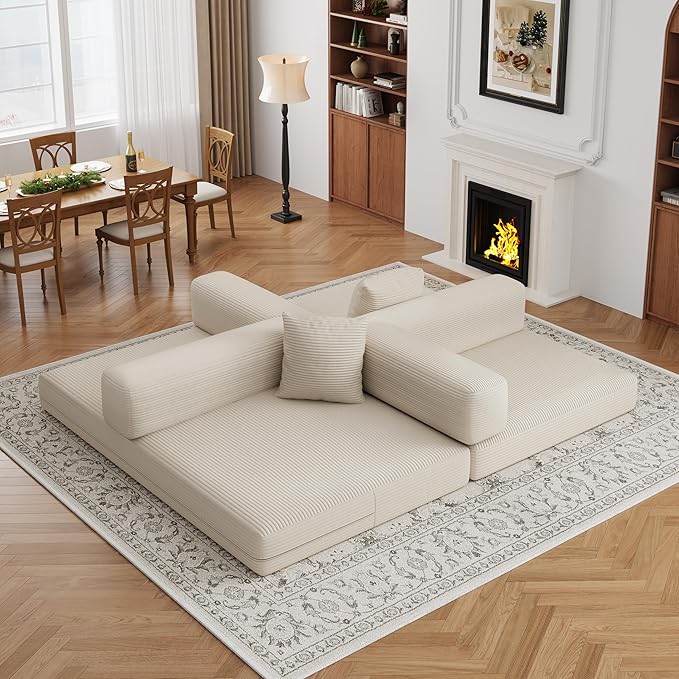 4-in-1 Foldable Sofa Bed Teddy Fabric Foam-Filled Compressed Couch, Beds Queen Size Convertible Sofa Couch Loveseat , Boneless Folding Sleeper for Living Room, Guest Bed, Playroom (Beige, 59β 2 Seat)