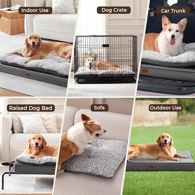 Washable Dog Bed for Medium Large Size Dog, Plush Pillow Pet Bed with Leather Egg-Crate Foam Base, Waterproof Kennel Bed with Removable Cover, 36" x 27" Comfort Cushion Bed, Dark Grey