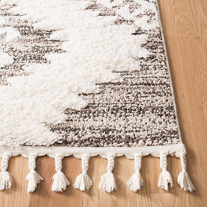 SAFAVIEH Moroccan Tassel Shag Collection Area Rug - 10' Round, Ivory & Brown, Boho Design, Non-Shedding & Easy Care, 2-inch Thick Ideal for High Traffic Areas in Living Room, Bedroom (MTS652A)