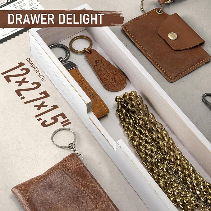 Rebee Vision Pine Wood Key Holder Wall Mount with Drawer Organizer for Farmhouse Decor – Mail Organizer with 6 Sturdy Key Hooks and Storage Drawer – Room Decor for Apartment Essentials (Whitewash)
