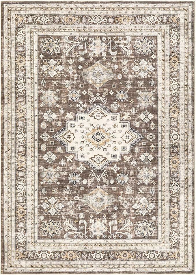 Vintage Living Room Area Rug 10x12 - Large Soft Washable Oriental Traditional Distressed Farmhouse Rugs for Bedroom - Indoor Floor Accent Carpet for Home Office House Decor - Dark Brown