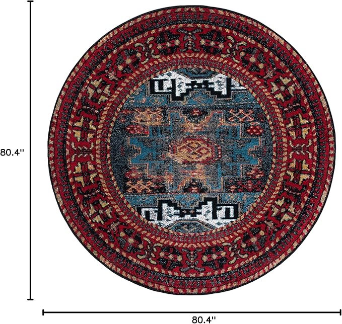 SAFAVIEH Vintage Hamadan Collection Area Rug - 6'7" Round, Red & Light Blue, Persian Design, Non-Shedding & Easy Care, Ideal for High Traffic Areas in Living Room, Bedroom (VTH213Q)