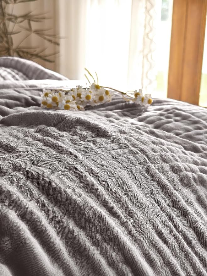 SANACYNA Muslin Blankets 100% Cotton 6-Layer Gauze Gray Grid Bed Blanket Lightweight Soft and Breathable King Blanket for Sofa Couch Bed Coverlet Both Sides (Grey, King 90" X 104")