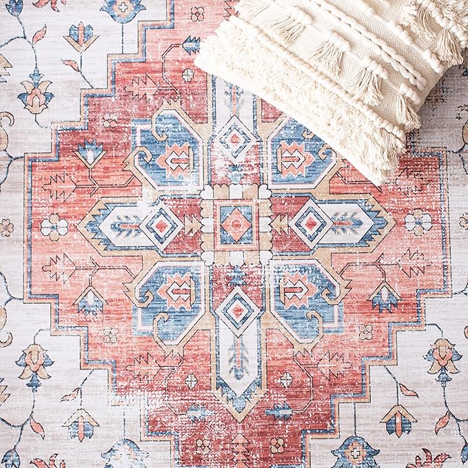 SAFAVIEH Washable Rug Tucson Collection - 2'6' x 20' Runner, Beige & Blue, Slip Resistant & Easy to Clean, Ideal for Living Room, Hallway, Foyer, Entryway, Bedroom (TSN109B)