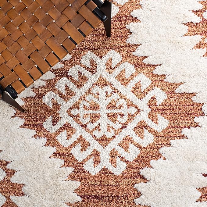 SAFAVIEH Moroccan Tassel Shag Collection Area Rug - 6'7" Round, Orange & Ivory, Boho Design, Non-Shedding & Easy Care, 2-inch Thick Ideal for High Traffic Areas in Living Room, Bedroom (MTS652P)