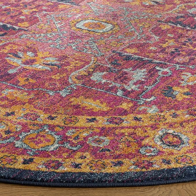 SAFAVIEH Evoke Collection Area Rug - 5'3" Round, Fuchsia & Orange, Oriental Medallion Distressed Design, Non-Shedding & Easy Care, Ideal for High Traffic Areas in Living Room, Bedroom (EVK275S)