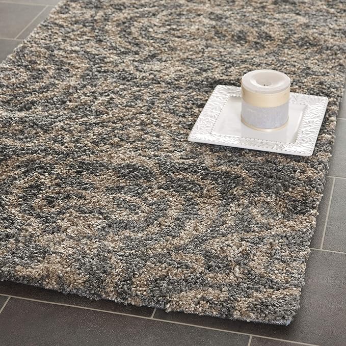SAFAVIEH Florida Shag Collection Runner Rug - 2'3" x 9', Grey & Beige, Damask Design, Non-Shedding & Easy Care, 1.2-inch Thick Ideal for High Traffic Areas in Living Room, Bedroom (SG462-8013)