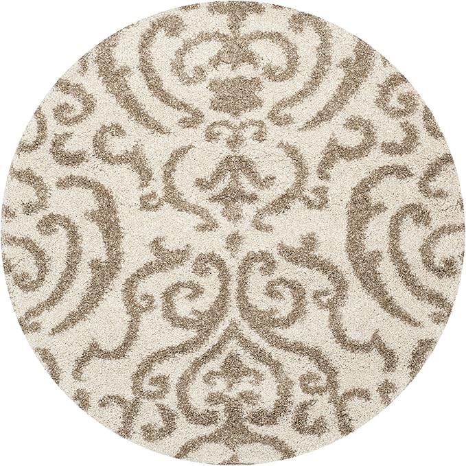 SAFAVIEH Florida Shag Collection 4' Round Cream/Beige SG462 Damask Non-Shedding Living Room Bedroom Dining Room Entryway Plush 1.2-inch Thick Area Rug