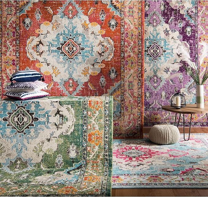SAFAVIEH Monaco Collection Area Rug - 10' x 14', Orange & Light Blue, Non-Shedding & Easy to Clean, Distressed Medallion Design, Ideal for Living Room, Bedroom, Dining Space (MNC243H)