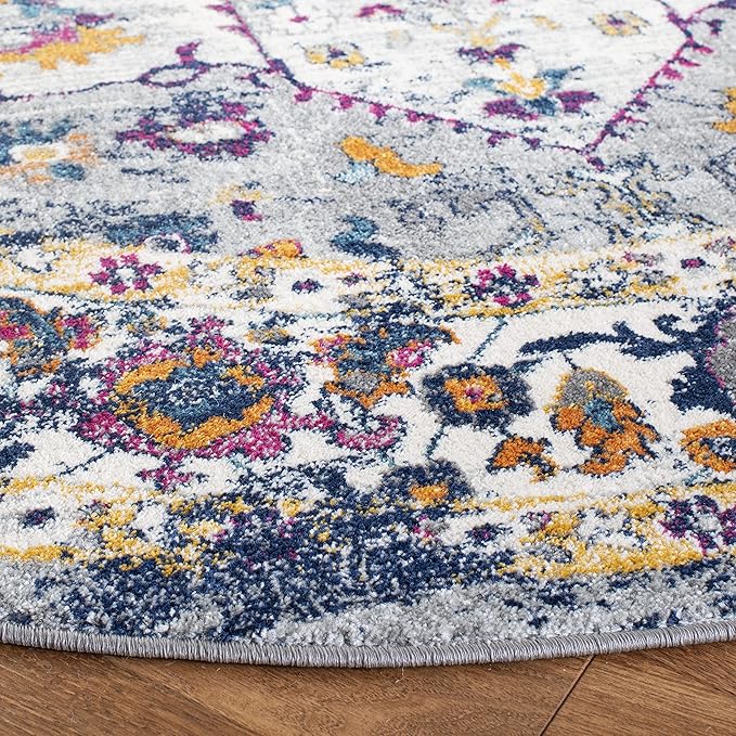 SAFAVIEH Evoke Collection 6'7" Round Grey / Navy EVK275G Oriental Medallion Distressed Non-Shedding Dining Room Entryway Foyer Living Room Bedroom Area Rug