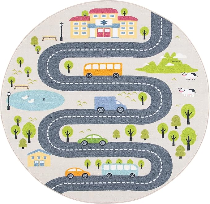 SAFAVIEH Washable Rug Kids Playhouse Collection - 5' Round, Beige & Green, Slip Resistant & Easy to Clean, Ideal for Kids Room, Playroom, Nursery, Boys & Girls Room (KPH227A)