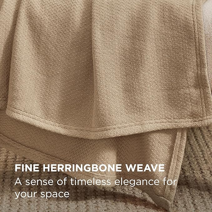 Bedsure GentleSoft 100% Cotton Blanket Queen Size for Bed - Breathable and Lightweight, Soft Cozy Textured Herringbone Woven Blanket for Summer Spring, Light Brown, 90x90 inches