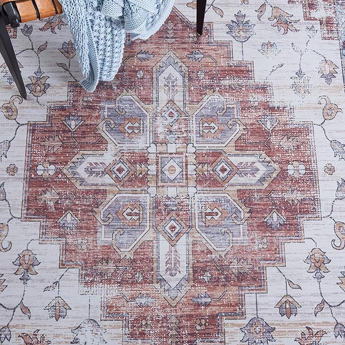 SAFAVIEH Washable Rug Tucson Collection - 2'6' x 8' Runner, Ivory & Rust, Slip Resistant & Easy to Clean, Ideal for Hallway, Foyer, Entryway, Bedroom (TSN109A)