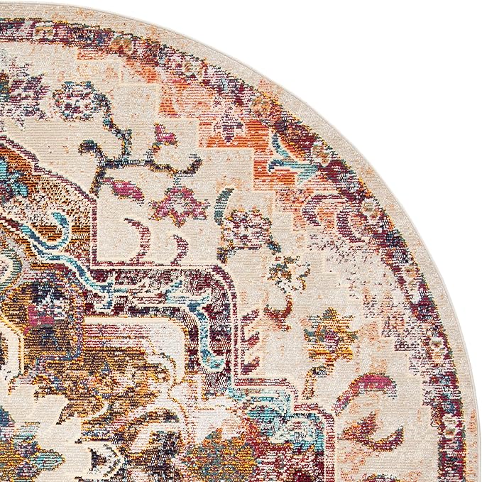 SAFAVIEH Crystal Collection Area Rug - 7' Round, Light Blue & Burgundy, Medallion Distressed Design, Non-Shedding & Easy Care, Ideal for High Traffic Areas in Living Room, Bedroom (CRS501F)