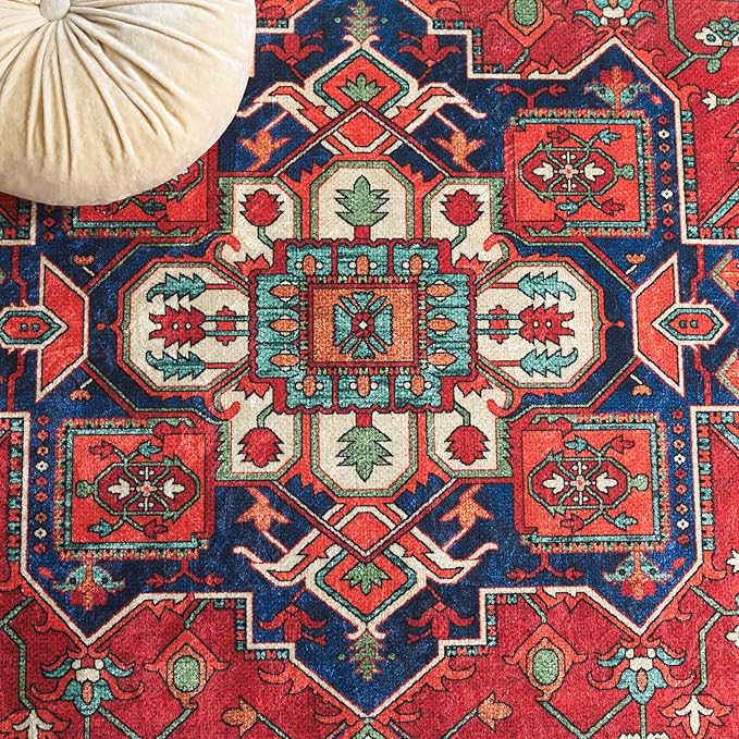 SAFAVIEH Washable Rug Orlando Collection - 8' x 10', Red & Beige, Non-Shedding & Easy to Clean, Ideal for Living Room, Bedroom, Dining Space (ORL758Q)