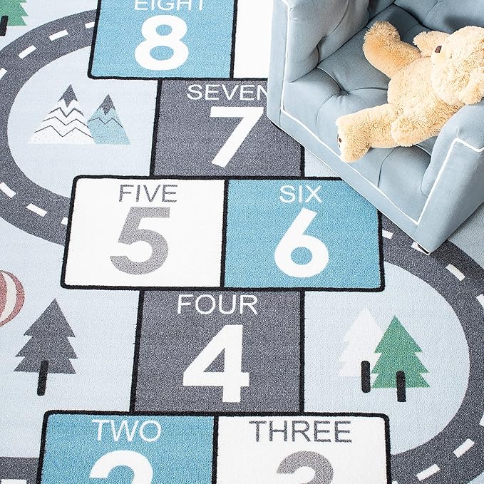 SAFAVIEH Washable Rug Kids Playhouse Collection - 4'4" x 6', Grey & Blue, Slip Resistant & Easy to Clean, Ideal for Kids Room, Playroom, Nursery, Boys & Girls Room (KPH226F)