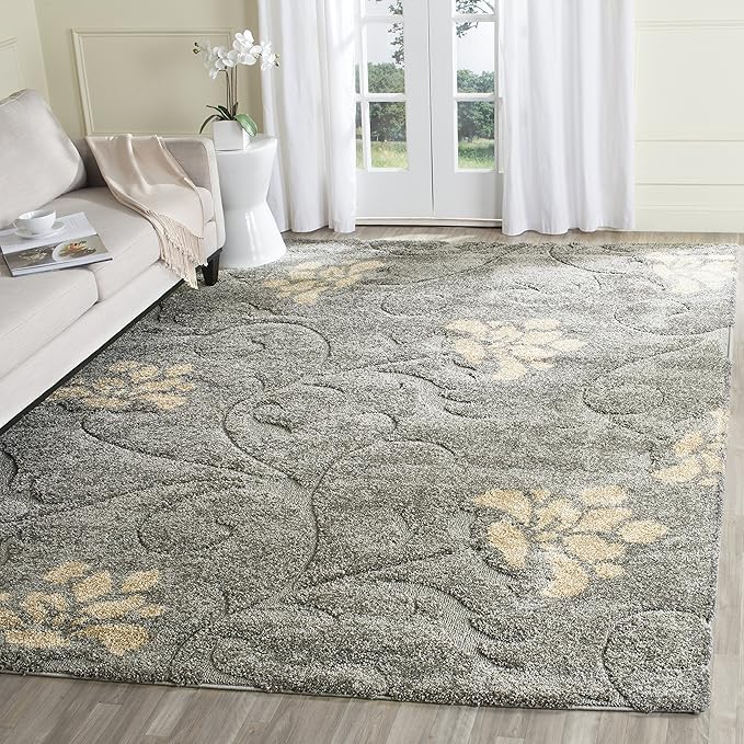 SAFAVIEH Florida Shag Collection Area Rug - 6' x 9', Grey & Beige, Floral Design, Non-Shedding & Easy Care, 1.2-inch Thick Ideal for High Traffic Areas in Living Room, Bedroom (SG464-8013)