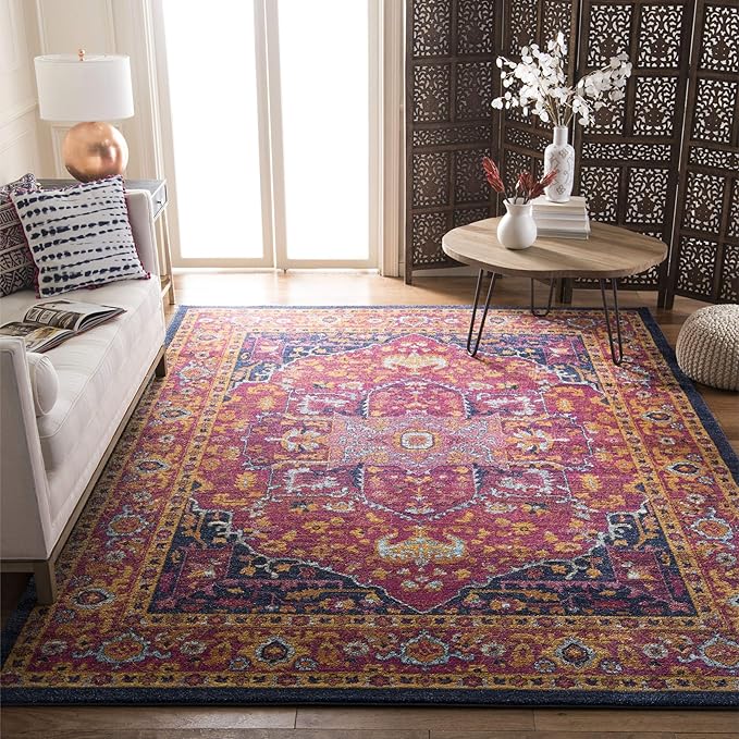 SAFAVIEH Evoke Collection 6'7" x 9' Fuchsia / Orange EVK275S Oriental Medallion Distressed Non-Shedding Living Room Bedroom Dining Home Office Area Rug