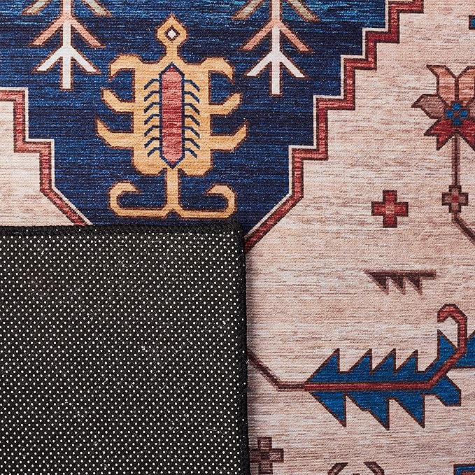 SAFAVIEH Washable Rug Tucson Collection - 8' x 10', Rust & Blue, Slip Resistant & Easy to Clean, Ideal for Living Room, Bedroom, Dining Space (TSN153P)