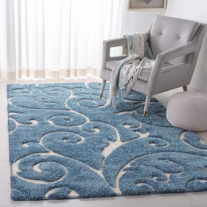 SAFAVIEH Florida Shag Collection Area Rug - 9'6" x 13', Light Blue & Cream, Scroll Design, Non-Shedding & Easy to Clean, High-Low Plush Pile, Ideal for Living Room, Bedroom, Dining Space (SG455-6011)