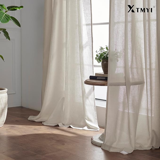 XTMYI Oatmeal 100 Inches Long Country Curtains for Living Room,Sheer Linen Curtains for Bedroom,50 Inches Wide