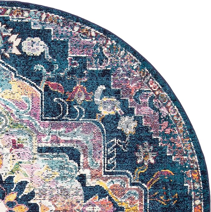 SAFAVIEH Crystal Collection Area Rug - 7' Round, Navy & Fuchsia, Medallion Distressed Design, Non-Shedding & Easy Care, Ideal for High Traffic Areas in Living Room, Bedroom (CRS501H)