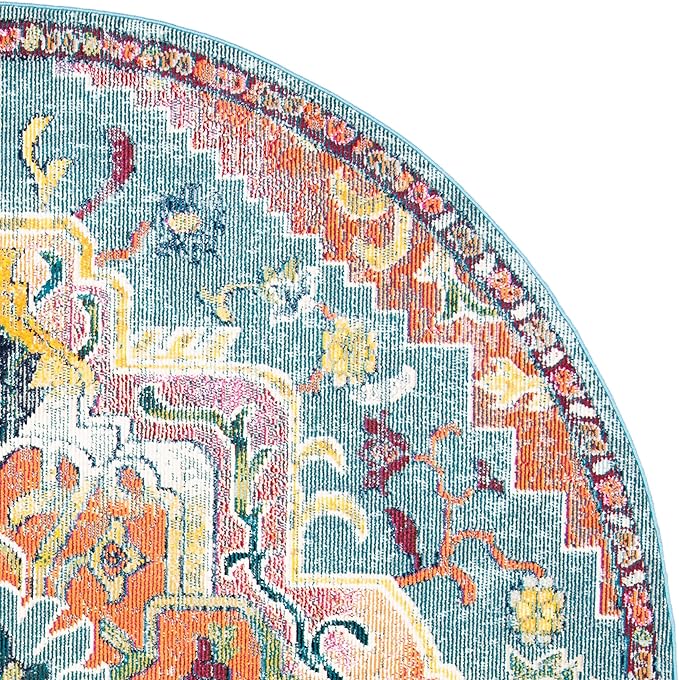SAFAVIEH Crystal Collection Area Rug - 7' Round, Teal & Orange, Medallion Distressed Design, Non-Shedding & Easy Care, Ideal for High Traffic Areas in Living Room, Bedroom (CRS501J)
