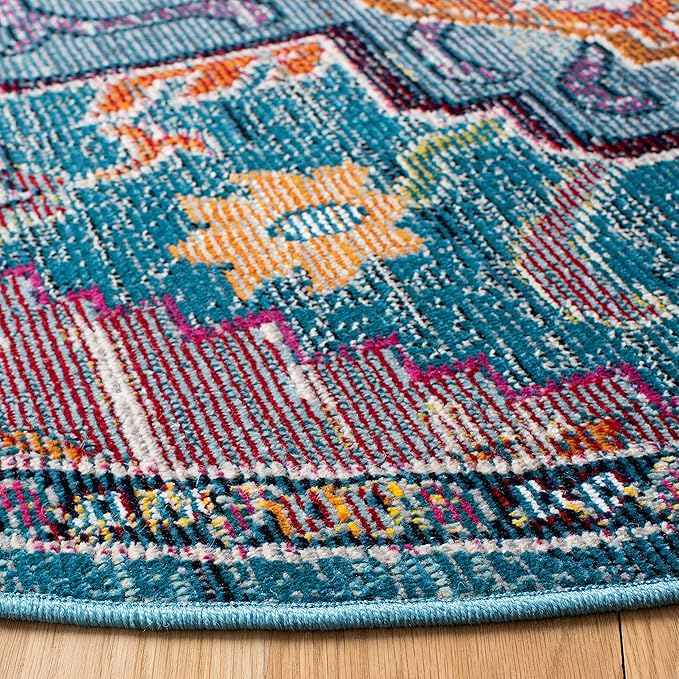SAFAVIEH Crystal Collection 8' Round Teal/Rose CRS501T Boho Chic Oriental Medallion Distressed Non-Shedding Area Rug
