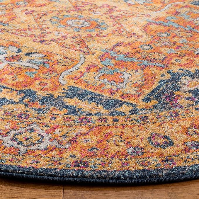 SAFAVIEH Evoke Collection Area Rug - 5'3" Round, Blue & Orange, Oriental Medallion Distressed Design, Non-Shedding & Easy Care, Ideal for High Traffic Areas in Living Room, Bedroom (EVK275C)