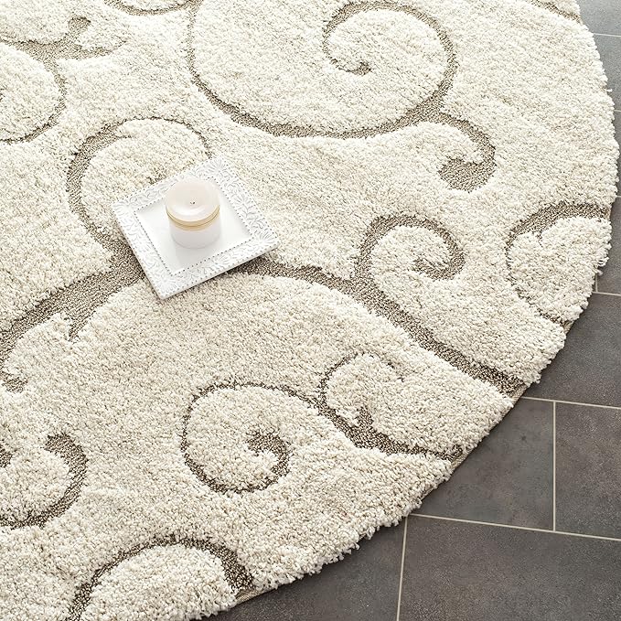 SAFAVIEH Florida Shag Collection Area Rug - 10' Round, Cream & Beige, Scroll Design, Non-Shedding & Easy to Clean, High-Low Plush Pile, Ideal for Living Room, Bedroom, Dining Space (SG455-1113)