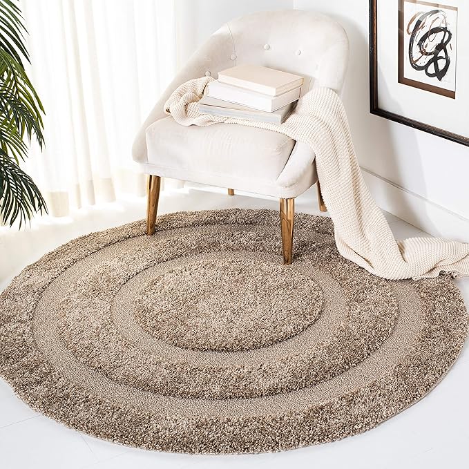 SAFAVIEH Florida Shag Collection Area Rug - 5' Square, Creme & Creme, Border Design, Non-Shedding & Easy Care, 1.2-inch Thick Ideal for High Traffic Areas in Living Room, Bedroom (SG454-1111)