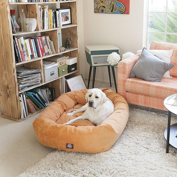 Majestic Pet 40 Inch Micro Velvet Calming Dog Bed Washable – Cozy Soft Round Dog Bed with Spine for Head Support - Fluffy Donut Dog Bed 40x29x9 (inch) – Round Pet Bed Large – Pearl