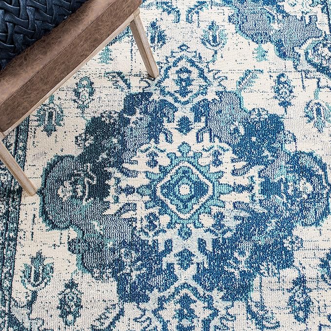 SAFAVIEH Monaco Collection Area Rug - 3' Square, Ivory & Blue, Non-Shedding & Easy to Clean, Distressed Medallion Design, Ideal for Living Room, Bedroom, Dining Space (MNC243A)