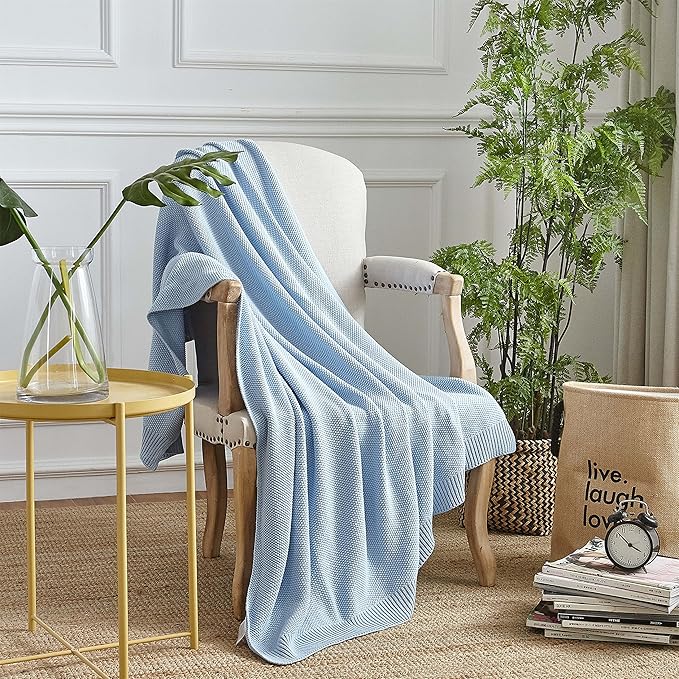 Longhui bedding 100% Cotton Light Blue Cable Knit Throw Blanket for Couch Sofa Bed Home Décor – Lightweight 50“ x 60”, Bonus Laundering Bag, Machine Washable