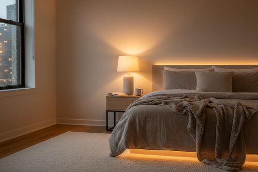 "Warm layered bedroom lighting with a bedside lamp and soft ambient glow"