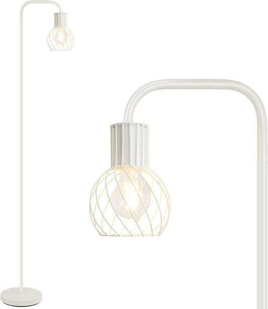Minimalist white metal floor lamp with LED bulb and foot switch — calm living room and bedroom lighting