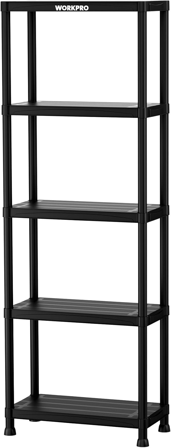 WORKPRO 5-tier plastic storage shelves in black — heavy duty shelving unit for garage, pantry, or home organization