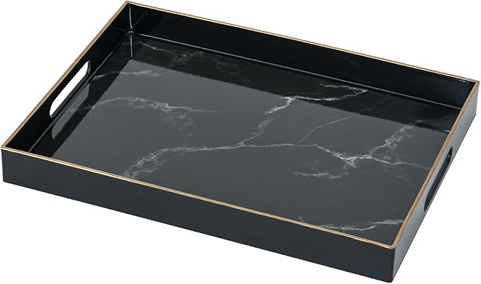 Marble plastic serving tray with handles rectangular non-slip 15.7x11.8 inch for breakfast morning table kitchen living room