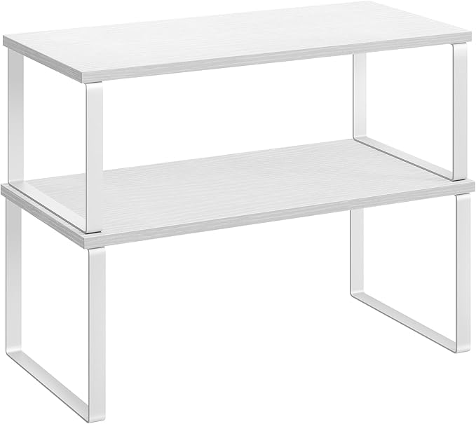 SONGMICS white stackable expandable cabinet organizer shelf set — calm home office desk storage and workspace organization