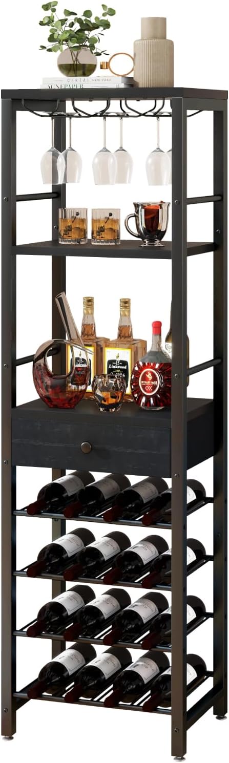 IBUYKE wine rack freestanding floor bar cabinet with glass holder and storage drawer in black — 4-tier wood bar cabinet for home
