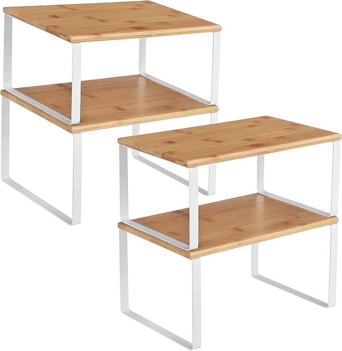 SONGMICS cabinet organizer shelf set of 4 white and beige — stackable expandable desk and office storage for calm workspace