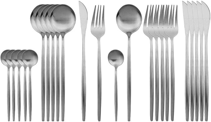 JASHII 24-piece matte silver flatware cutlery set for elegant calm dinner party table setting